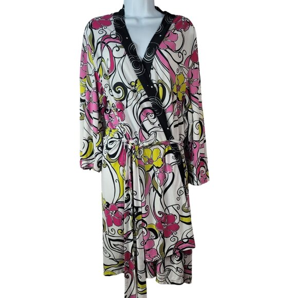 California Dynasty Dressing Gown Robe Black Pink Large XL Silky Belt Floral VTG - Picture 1 of 8